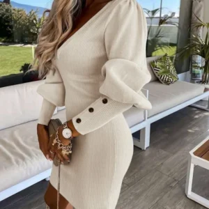 Elegant Solid Color Women's Dress 2024 Autumn New Puff Gigot Sleeve Buttoned Knit Bodycon Dress V-Neck Casual Hip-Hugging Dress